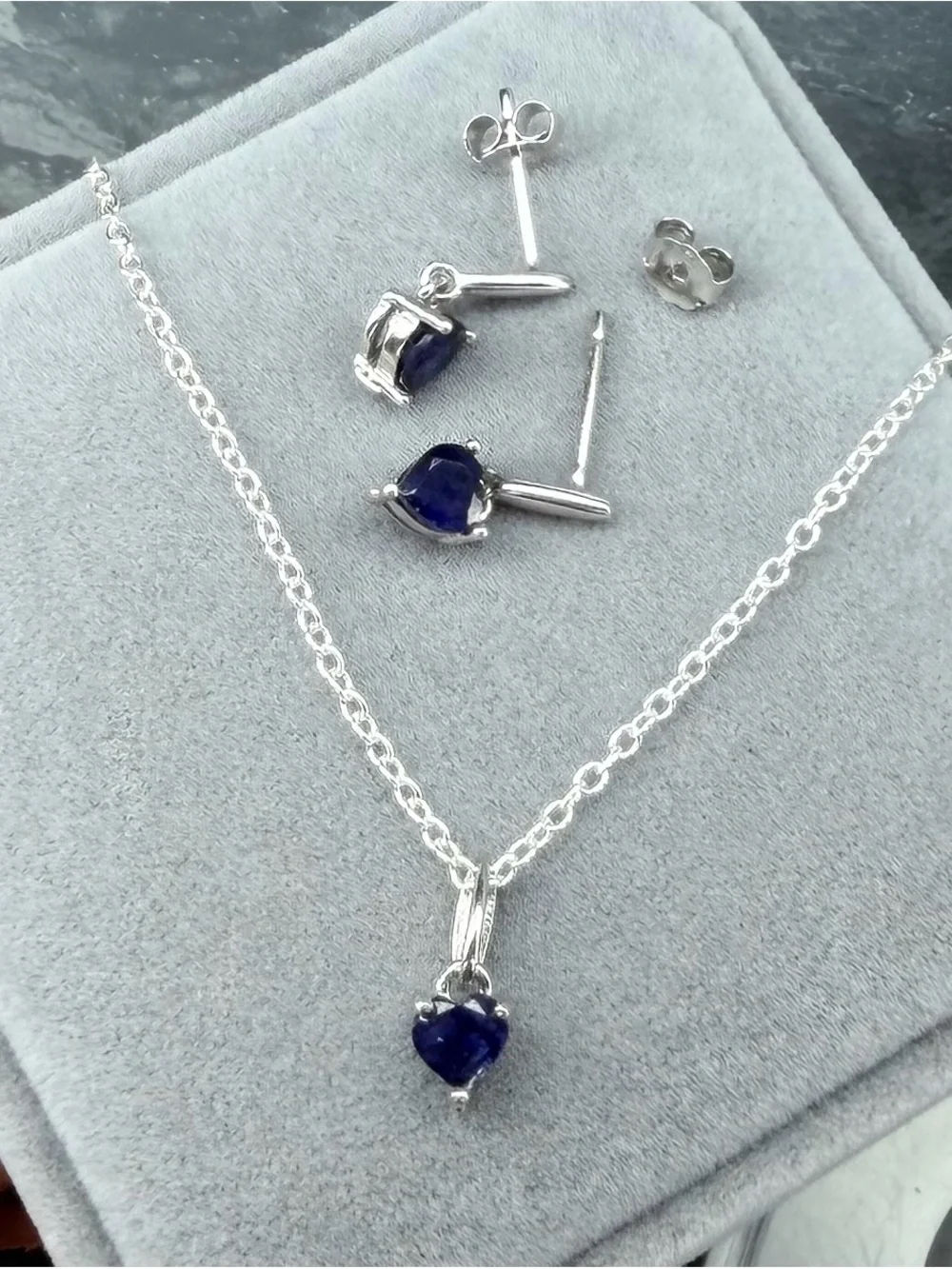 Set!  Natural Blue Sapphire 6mm Heart Earrings & Pendant Necklace 925 Sterling